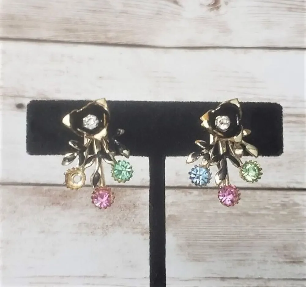 Vintage Screw On Earrings Flower with Gems - One Gem Missing